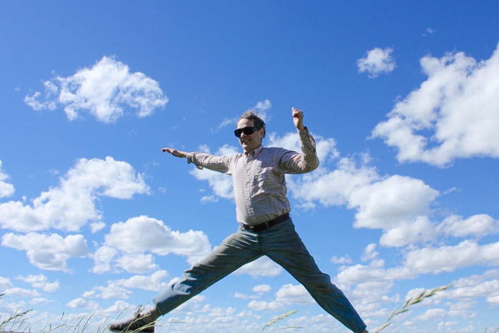 Adam Jumping, looking like he is flying