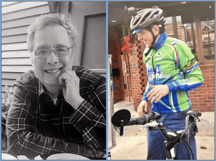 Adam sitting in from of house and on bike.