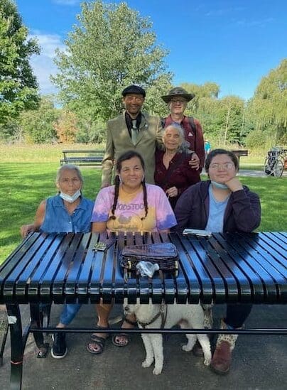 Quinton with Adam, Paula, and Mary Lee Jones, flanked by her mother Marlene and daughter Ellie, from the Yakama Nation, who helped us design the Miyawaki forest at Danehey Park in Cambridge.